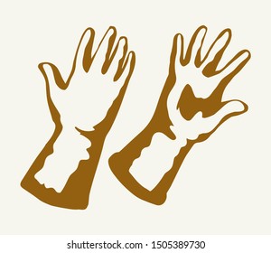 Closeup wet industrial uniform wear pair on white text space. Bright yellow color drawn web bath tidy logo pictogram line design sketch in modern art doodle cartoon graphic print style. Close up view