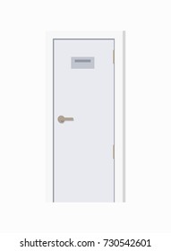 Closeup of white door with doorknob and empty grey signboard on it, icon represented on vector illustration isolated on white background