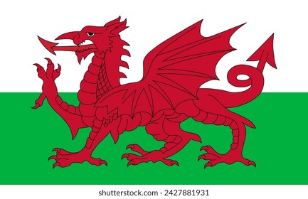 Close-up of white, green and red national flag of European country of Wales with red dragon with tongue out. Illustration made February 20th, 2024, Zurich, Switzerland.