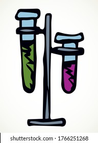 Closeup white outline doodle sketch graphic ill disease learn exam water fluid bacteria reaction solution logo sign concept. Black line hand drawn biotech reagent vial bottle holder stand pictogram
