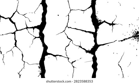 Close-up of a white painted wall with prominent cracks and peeling paint, showcasing aged and weathered surface details.