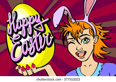 closeup of winking bunny girl face happy easter lettering vector 