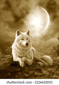 Closeup, Wolf howling at the moon. Wolf isolated with the moon.