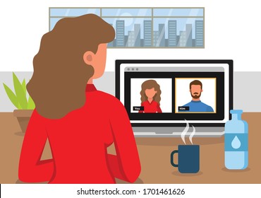 Close-up Of A Woman From Behind Communicating By Video Conference With A Man. Virtual Meeting. Video Conference. Video Chat.