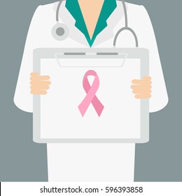 Close-up of a woman doctor with lab coat holding a clipboard Breast Cancer Awareness Vector illustration