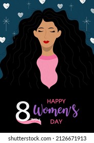 Closeup woman in flat style with women's day wording on white hearts and stars pattern background