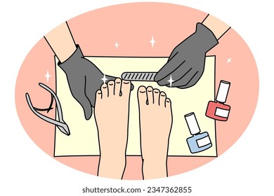 Closeup of woman get pedicure in salon. Female client care about hygiene and look of toe nails. Beauty concept. Vector illustration.