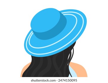 Close-up Woman half sideways in blue Summer Hat. Design element for background, card, post, banner, flyer, sale. Flat vector illustration.