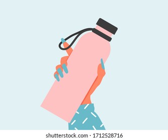 Closeup Woman holding a reusable water bottle. World Environment day and Earth day concept. Empty Glass bottle in woman hand. Zero waste flat illustration. Woman hand holding a drinking water bottles.