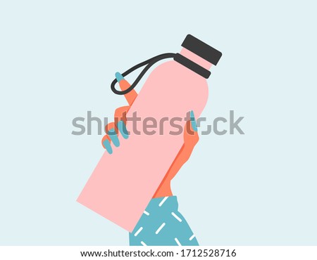 Closeup Woman holding a reusable water bottle. World Environment day and Earth day concept. Empty Glass bottle in woman hand. Zero waste flat illustration. Woman hand holding a drinking water bottles.