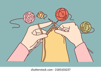 Closeup of woman knitting with needles and threads. Concept of art and craft, hobby and recreation. Vector illustration. 