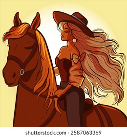 Closeup of a woman with long blonde hair and cowboy hat riding a horse at sunset. Cowgirl at golden hour on a brown pony.