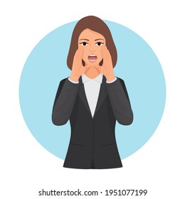 Closeup Woman Shouting  With Hand Cup, illustration vector cartoon

