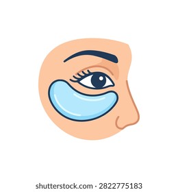 Close-up of a woman's eye area with a light blue under eye patch applied for skincare and beauty treatment.