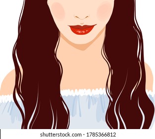 Close-up of a woman's face bottom part. Beautiful red lips and long dark hair. Beauty salon design.