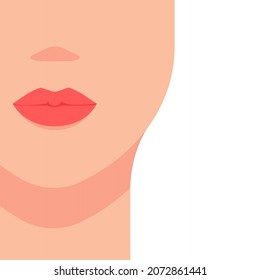 Close-up of a woman's face with closed pink lips. Young clear skin, part of the body, neck, full face. Vector illustration, flat minimal cartoon color design, isolated on white background, eps 10.