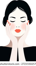  Un primer plano de la cara de una mujer. Sus palmas están presionadas a sus mejillas, sus labios son hermosos y su peinado es elegante. La Imagen es perfecta para el diseño de salones de belleza.   Arte vectorial.