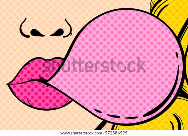 ピンクの唇とゴムの泡を持つ女性の顔の接写 ベクターイラスト のベクター画像素材 ロイヤリティフリー