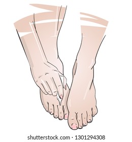 Closeup of woman's hand applying cream on feet. Realistic style. Hand drawn vector illustration.