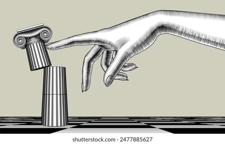 Primer plano de la mano de una mujer destruyendo con su dedo índice una columna antigua con una capital de pie en el suelo de un tablero de ajedrez en perspectiva. Vector ilustración conceptual en estilo de grabado vintage