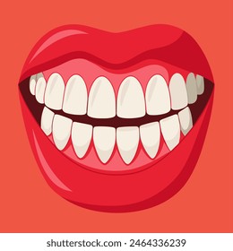 Closeup of a womans mouth with white teeth on red background