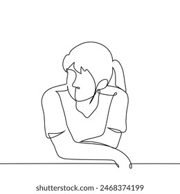 close-up of woman's upper body with her arms crossed and leaning her elbows in front of her and looking at the camera - one line art  vector. concept of watching with passion, observer, relaxation