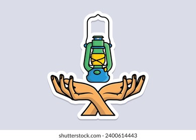 Closeup Of Women Holding Oil Lamps Sticker design vector illustration. Hiking travel lantern and camping objects icon concept. Creative hand and oil lamp sticker design icons logo.