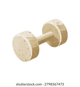 Closeup of a wooden dumbbell featuring a textured handle and circular weight plates