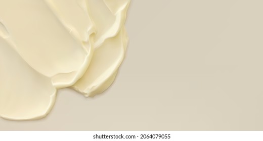 Colocar en primer plano la textura ondulada con manchas de color crema amarilla sobre fondo beige con el formato de banner horizontal del espacio de copia. Ilustración vectorial realista del producto de belleza de cuidado de la piel