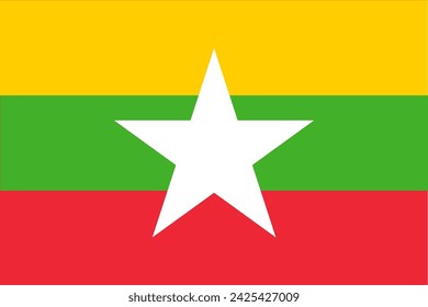 Close-up of yellow green and red national flag of Asian country of Myanmar with white star. Illustration made February 14th, 2024, Zurich, Switzerland.