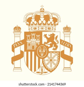 Closeup yellow red color espana madrid city land heraldry holiday day war unity shape view white text space. Hand drawn line art abstract espagne republic peace ensign label insignia badge design set