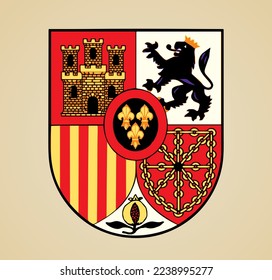 Closeup yellow red color espana madrid city land heraldry holiday day war unity shape view white text space. Hand drawn line art abstract espagne republic peace ensign label insignia badge design set