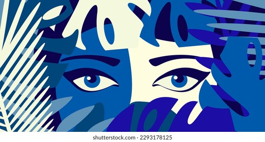Close-up of a young beautiful woman looking through the leaves and plants in the evening or at night.