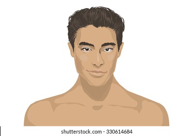 Closeup young handsome man face. Pan Asian male portrait on plain background. Fashionable charming young man face. Portrait of a happy asian man over white background. For health cosmetics spa salon.
