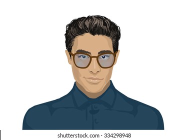 Closeup young handsome man face. Pan Asian male portrait. Fashionable charming young man face. Portrait of a hipster asian man over white background. Beautiful Asian student with glasses