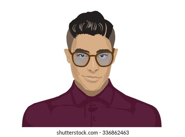 Closeup young handsome man face. Pan Asian male portrait. Fashionable charming young man face. Portrait of a hipster asian man over white background. Beautiful Asian student with glasses