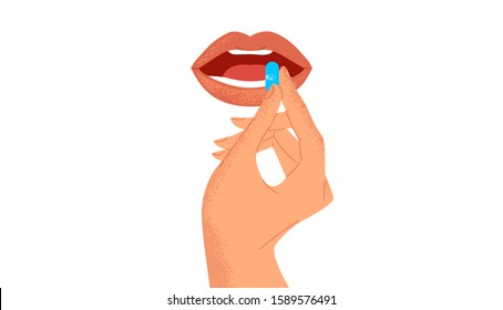 Closeup of young woman mouth taking medicine pill capsule on isolated white background. Flat health problem cartoon for painkiller addiction, beauty treatment or pain medication.