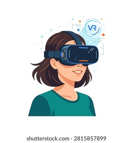 Close-up of a young woman smiling while wearing a VR headset, immersed in a virtual reality experience with digital graphics.