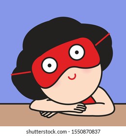 Closeup Of Young Woman Wearing Eye Mask With Awake Eyes Print While Sleeping On Desk In Office Concept Card Character illustration