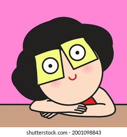 Closeup Of Young Woman who is  Cheating At Work, Sleeping With Two Post-it Over Her Eyes With Fake Eyes Drawing On Them Concept Card Character illustration