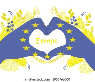 Nahaufnahme der Hände junger Frauen, die ein Herzmuster wie die Flagge der Europäischen Union und den Text Europa bilden. Blumengrußkarte.