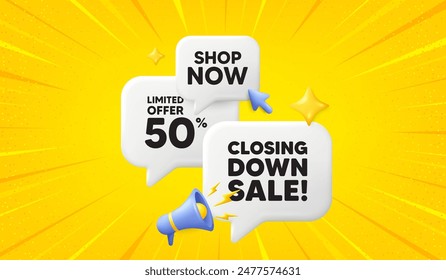 Closing down sale. 3d offer chat speech bubbles. Special offer price sign. Advertising discounts symbol. Closing down sale speech bubble 3d message. Talk box megaphone banner. Vector