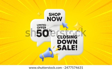 Closing down sale. 3d offer chat speech bubbles. Special offer price sign. Advertising discounts symbol. Closing down sale speech bubble 3d message. Talk box megaphone banner. Vector