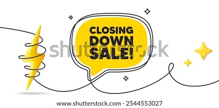Closing down sale. Continuous line art banner. Special offer price sign. Advertising discounts symbol. Closing down sale speech bubble background. Wrapped 3d energy icon. Vector