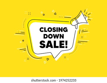 Closing down sale. Megaphone yellow vector banner. Special offer price sign. Advertising discounts symbol. Thought speech bubble with quotes. Closing down sale chat think megaphone message. Vector