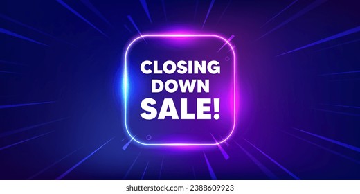 Closing down sale. Neon light frame box banner. Special offer price sign. Advertising discounts symbol. Closing down sale neon light frame message. Vector
