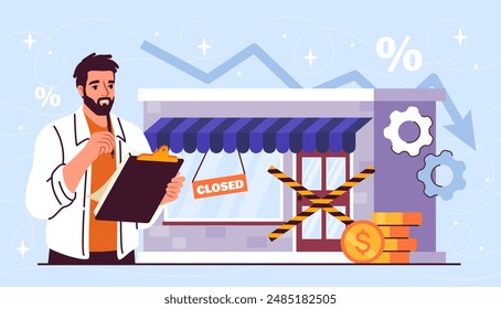 Closing down store. Man near building with gold coins. Economic recession and depression. Unemployment and outbreak. Businessman with bankruptcy. Flat vector illustration isolated on blue background