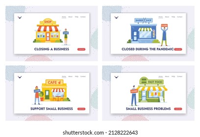 Closing Enterprises during Coronavirus Pandemic Landing Page Template Set. Characters Social Distancing due to Covid-19 Impact on Entrepreneur or Small Business. Cartoon People Vector Illustration