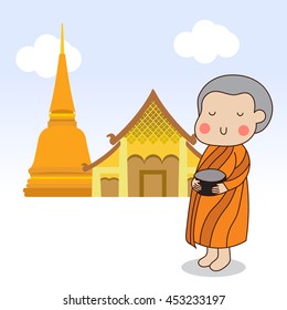 Closing eyes Buddhist novice holding buddhist alms bowl in his hand to receive food offering with temple background.