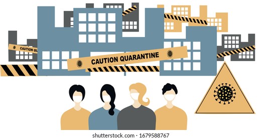 Closing of factories and industries due to coronavirus concept. Coronavirus 2019-nCoV, people in white medical face mask, closed enterprises in the background 